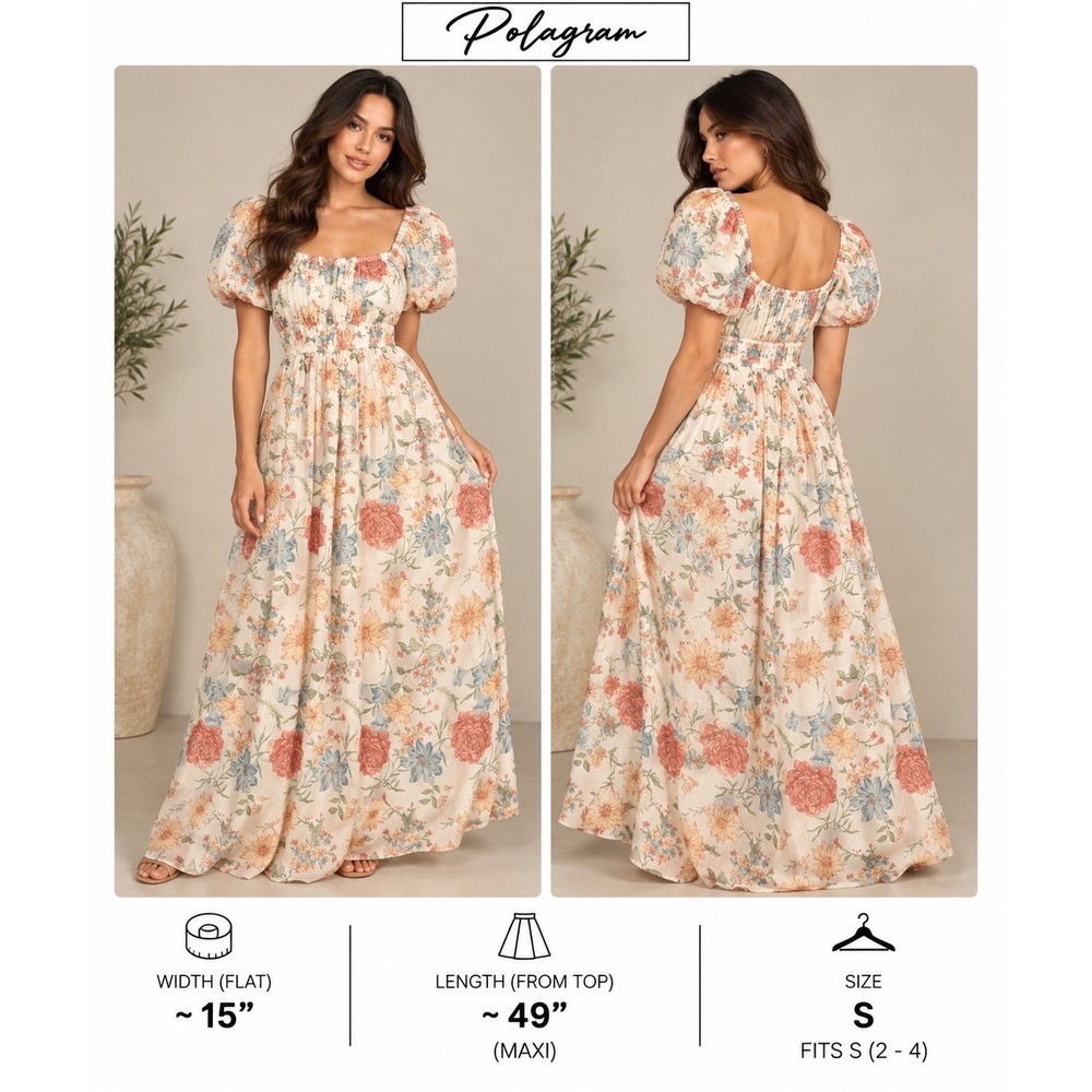 Polagram Floral Puff Sleeve Smocked Waist Maxi Dress Cream Small PSD4785-C
